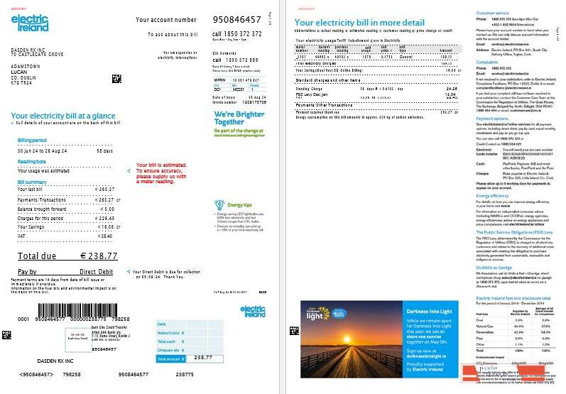 Ireland Electric Ireland business utility bill template in Word and PDF formats, 2 pages